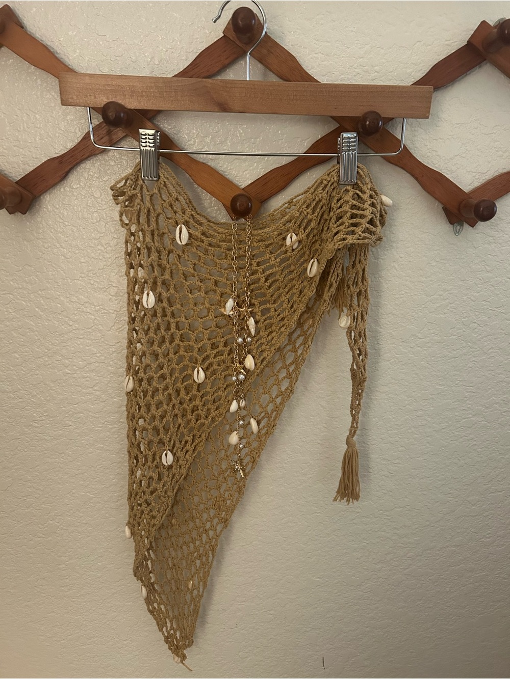Mermaid Accessories- Crochet Shell Triangle Scarf Wrap in Natural Tan